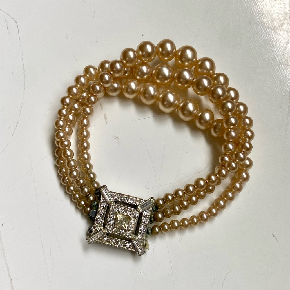 Cream and Silver Multi-Strand Bracelet with Art Deco Clasp